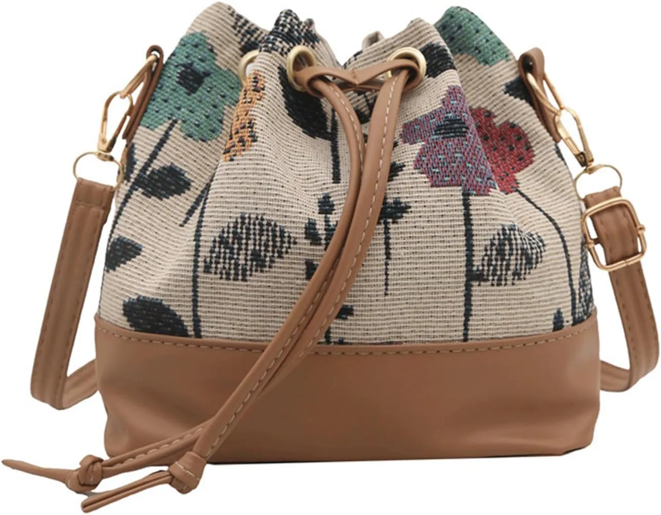 Mini Bucket Bag Vintage Floral Print Bucket Purse with Leather Drawstring Closure Purse Bag Small Crossbody Shoulder Handbag