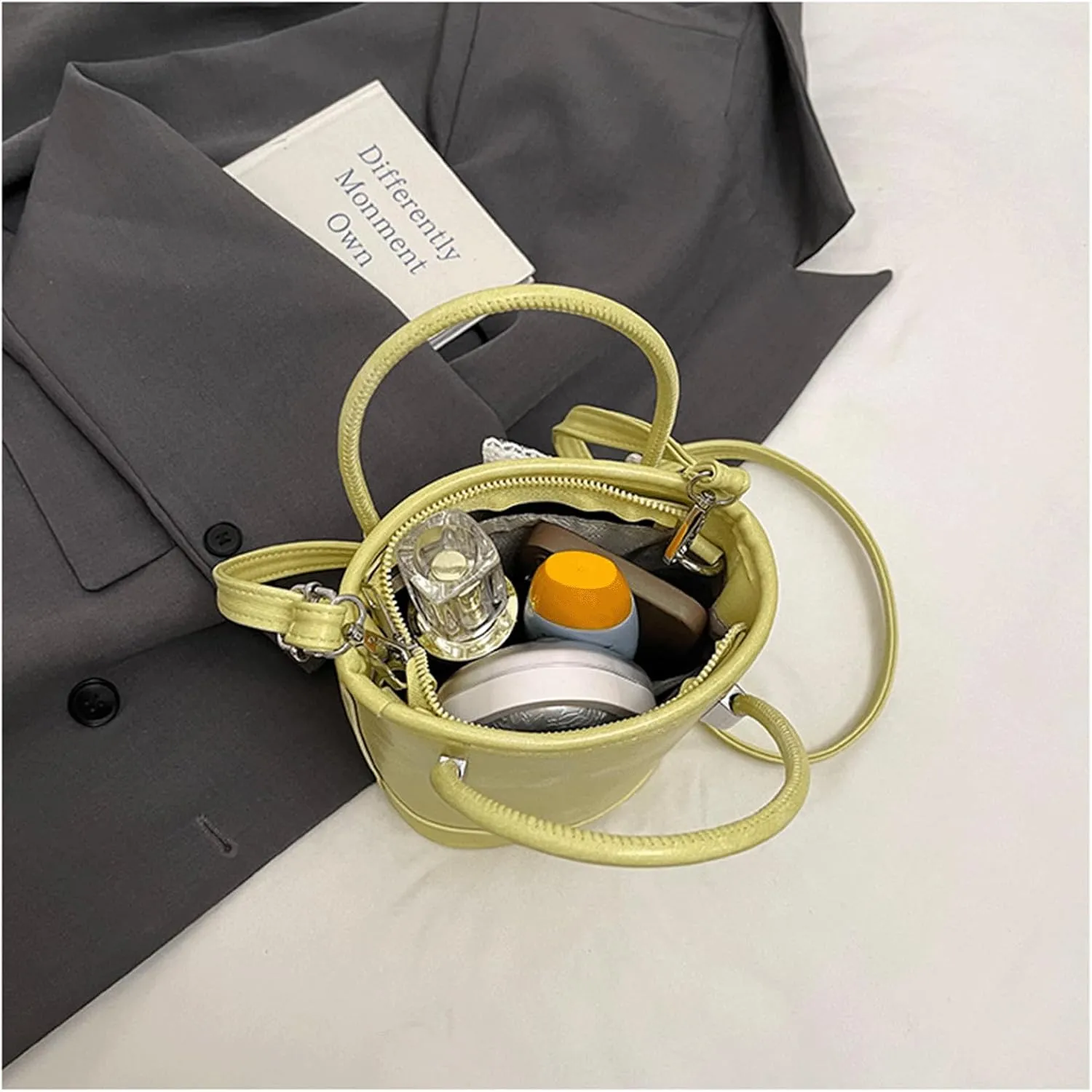 Mini Bucket Bag Vintage Leather Bucket Purse with Lace Bow and Pearl Charm Crossbody Shoulder Handbag