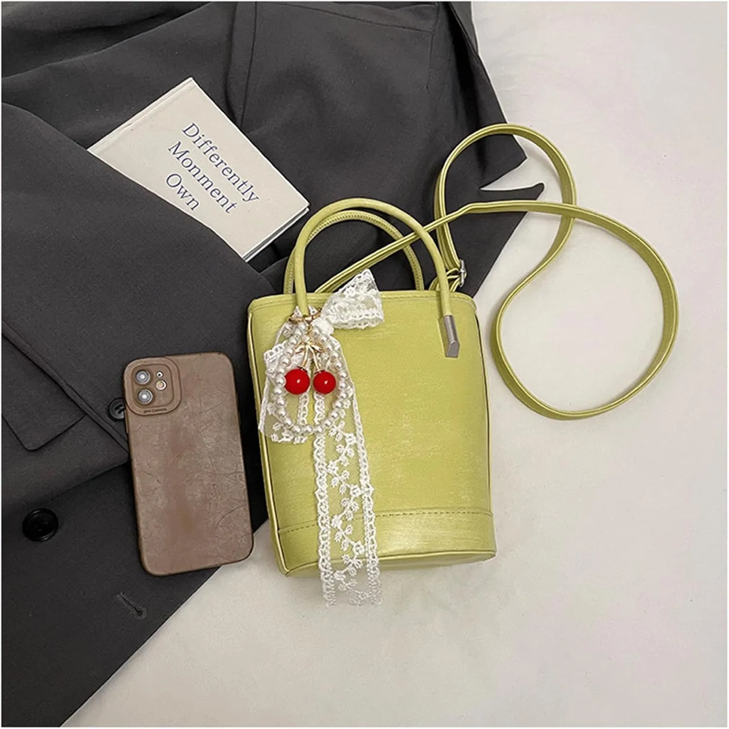 Mini Bucket Bag Vintage Leather Bucket Purse with Lace Bow and Pearl Charm Crossbody Shoulder Handbag