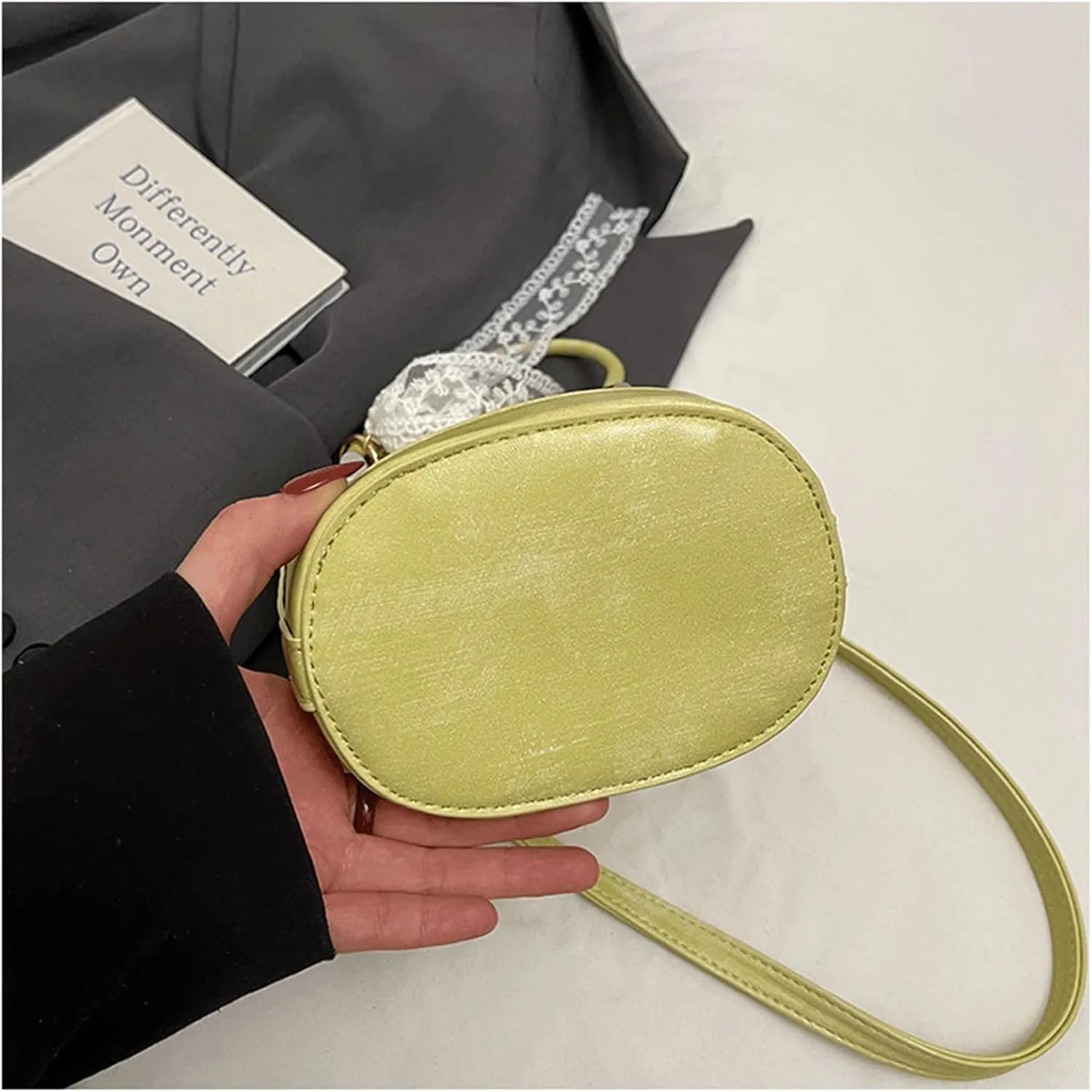 Mini Bucket Bag Vintage Leather Bucket Purse with Lace Bow and Pearl Charm Crossbody Shoulder Handbag