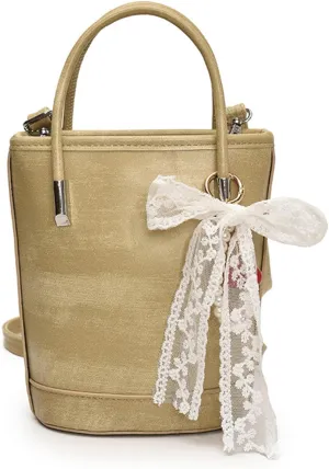 Mini Bucket Bag Vintage Leather Bucket Purse with Lace Bow and Pearl Charm Crossbody Shoulder Handbag