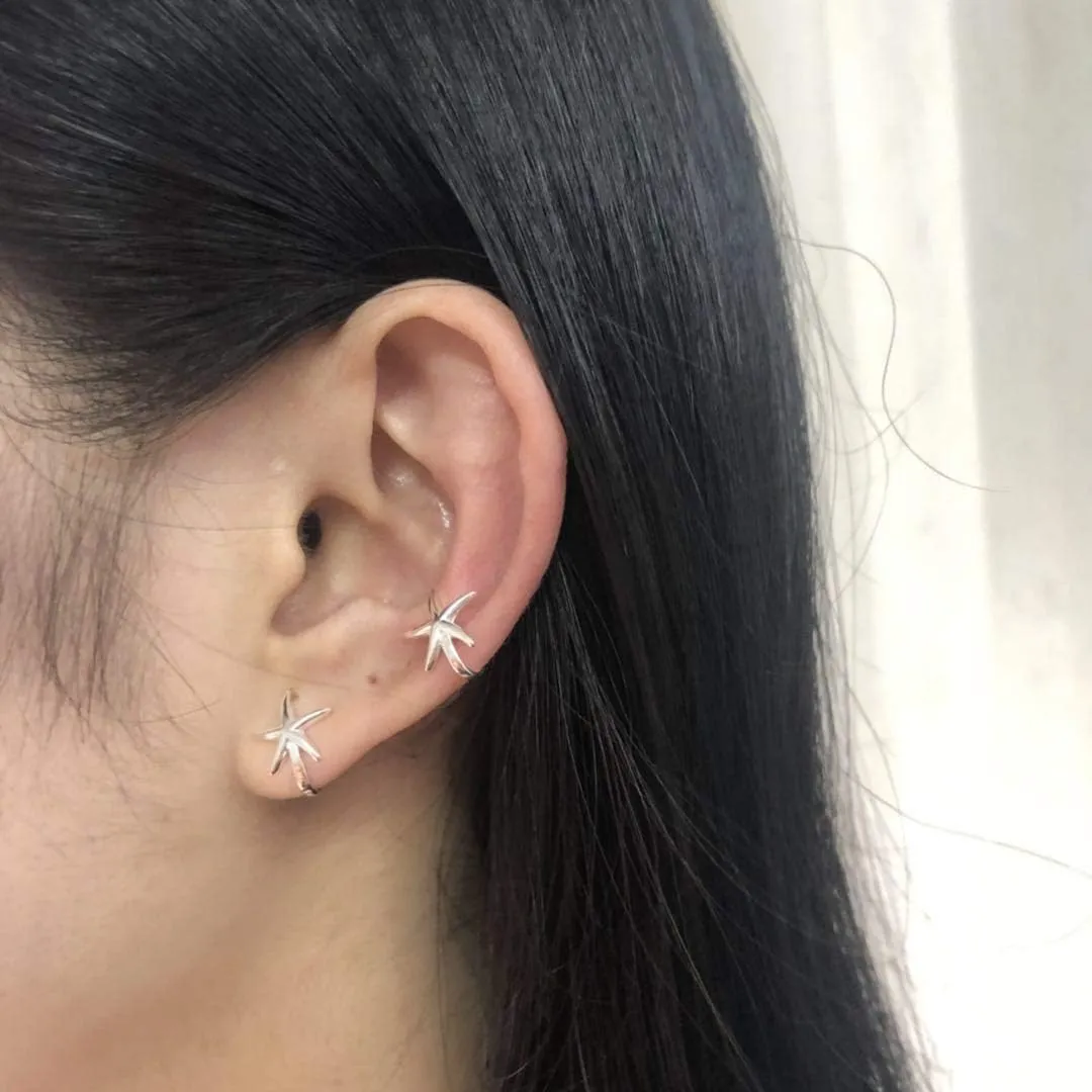 Minimalist Starfish Ear Cuffs Clip On Earrings S925 Sterling Silver Classic Sea Star Huggie Hoop Cartilage Wrap Fake Earring Non Piercing Ear Jewelry Gifts for Women Sensitive Ears