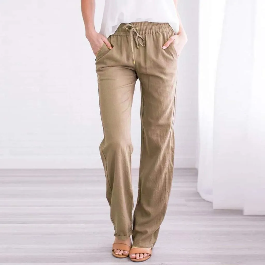 NATHGAM Women's Stretchy Wide Leg Palazzo Lounge Pants Casual Comfy High Waist Straight Leg Trouser Summer Cotton Linen Pants