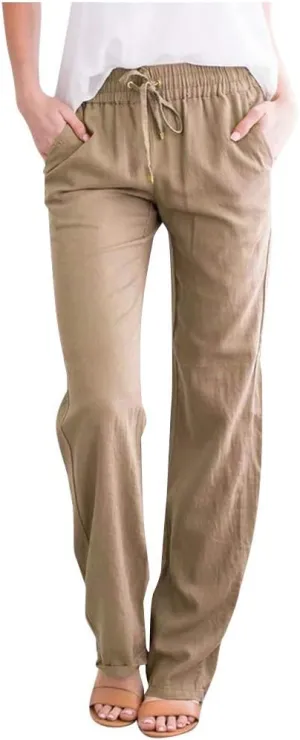 NATHGAM Women's Stretchy Wide Leg Palazzo Lounge Pants Casual Comfy High Waist Straight Leg Trouser Summer Cotton Linen Pants