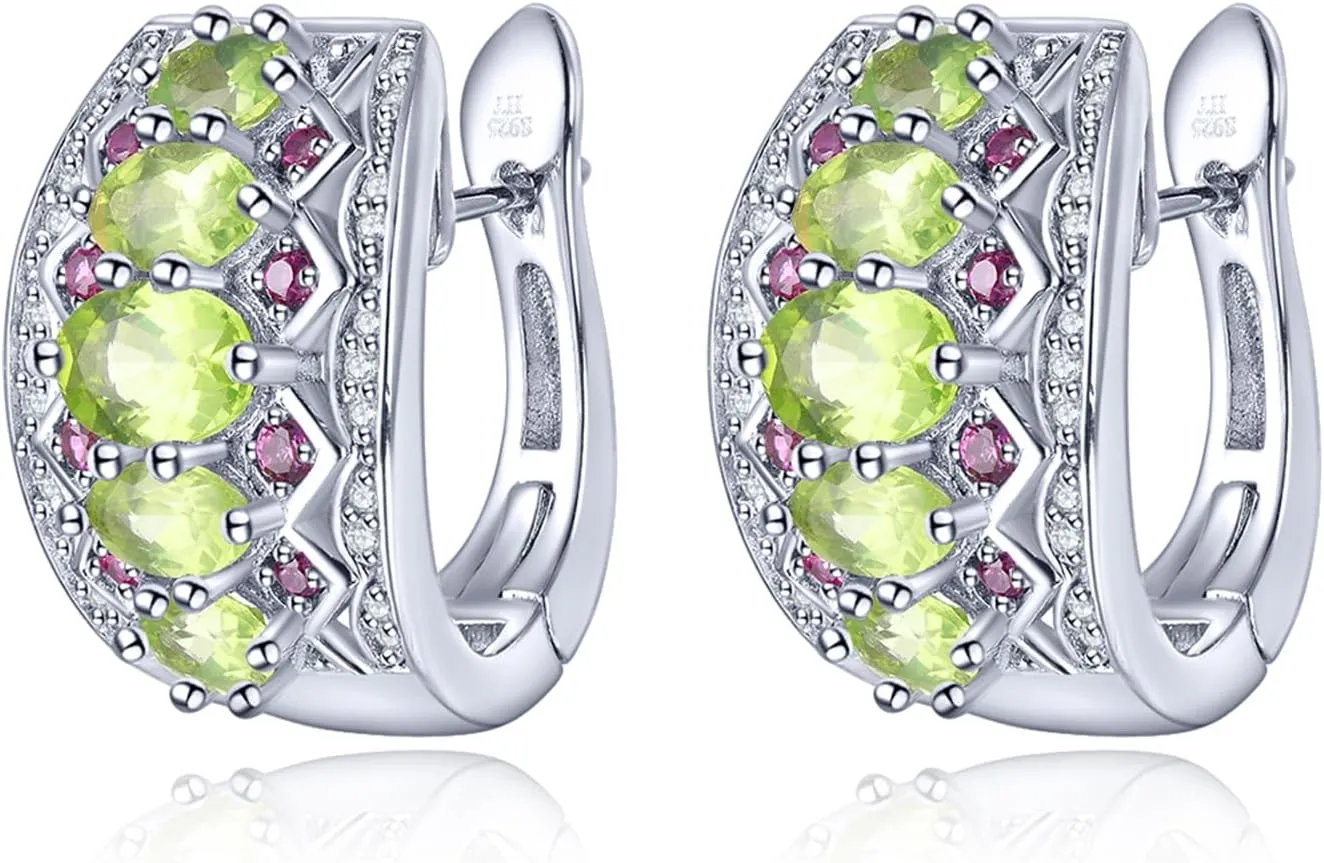 Natural Peridot Earrings for Women Solid 925 Sterling Silver Setting Gemstone Rhodolite Garnet Rhodium Plated Elegant Simple Classic Birthstone Earring Fine Jewelry for Her