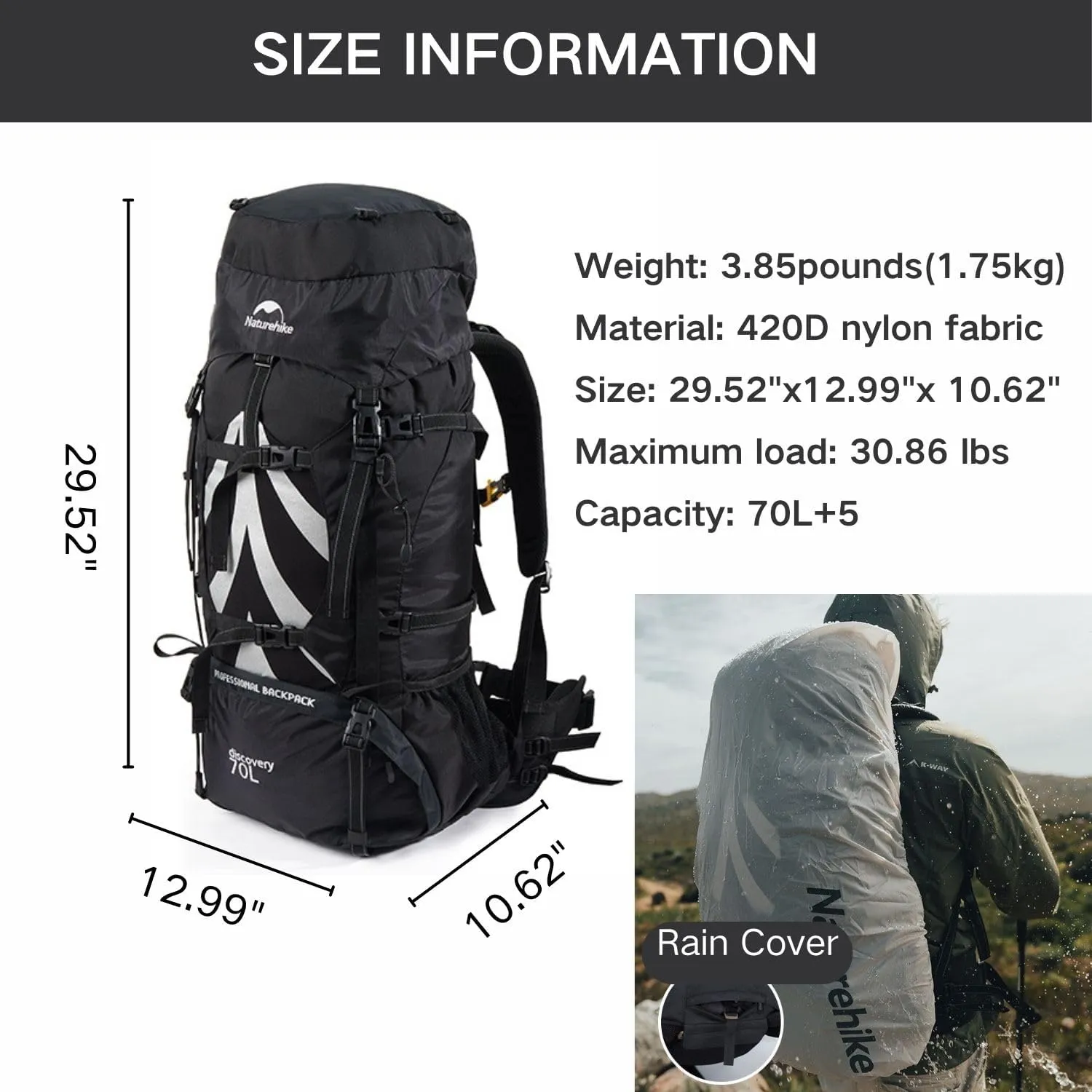 Naturehike 70 5L Lightweight Hiking Backpack, Tear-resistant Fabrics-Light CR Carrying System-Comfortable Weight-Bearing(Black)