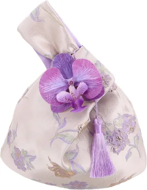 NOLITOY Chinese Silky Brocade Wristlet Floral Tassel Purse Handbag Elegant Jewelry Pouch for Wedding Party Favor Mothers Present Storage