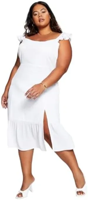 Now This Trendy Plus Size Flutter Sleeve Midi Dress White 2X