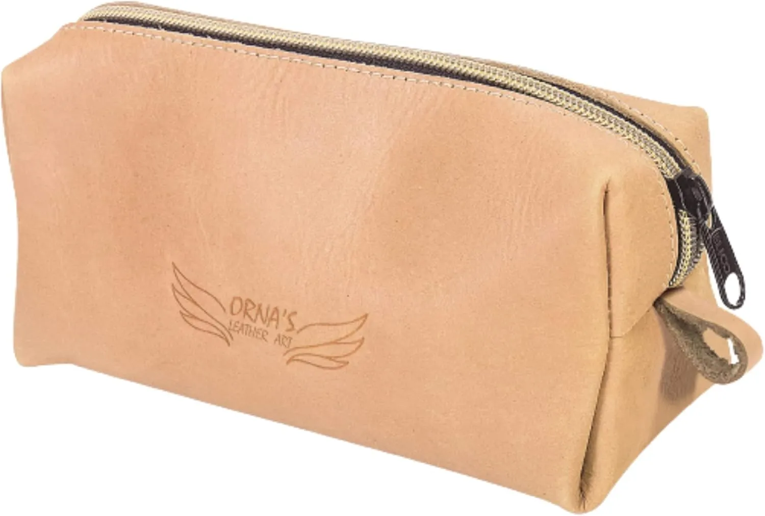 ORNA'S LEATHER ART WOODPECKER UNISEX SAND POUCH: Real Cowhide Mens Womens Tan Portable Toiletry Makeup Travel Case, Stylish, Handcrafted, Spacious, Zipper Close