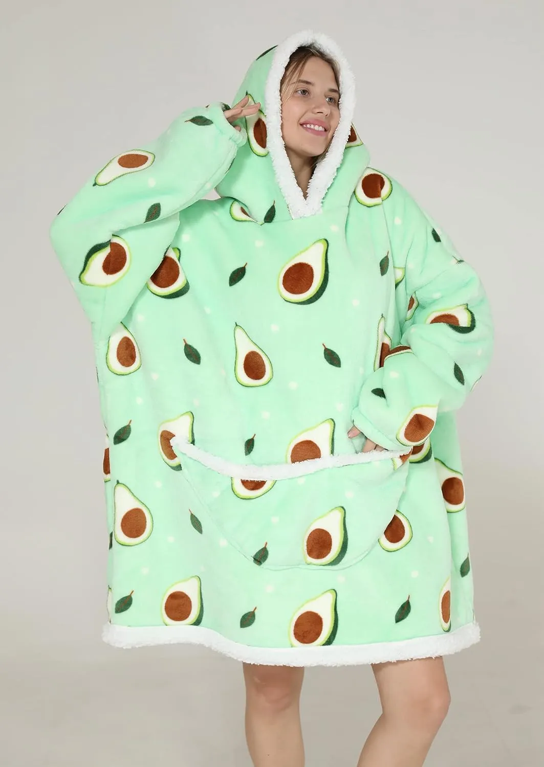 Oversized Hoodie Blanket Sweatshirt,Wearable Blanket for Adult Women Men Soft Warm Comfortable Sherpa TV-Blanket,Avocado Green