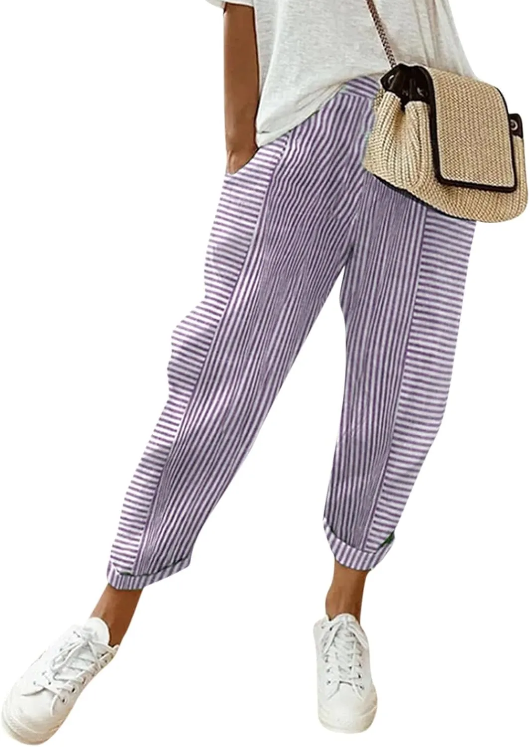 Pants for Women, Stripe Peasant Pants Casual Straight Leg Linen Plaid Trendy
