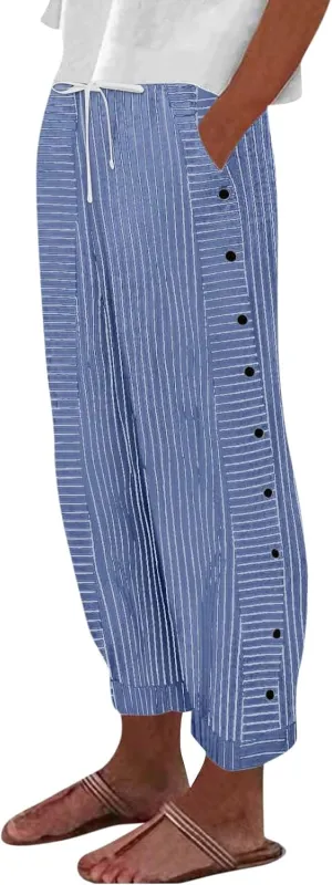 Pants for Women, Stripe Peasant Pants Casual Straight Leg Linen Plaid Trendy