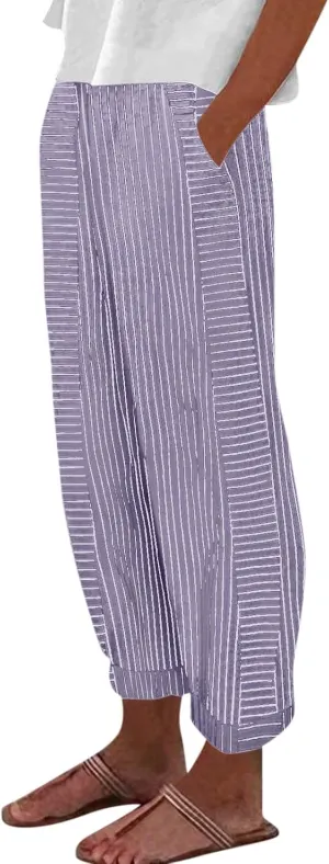 Pants for Women, Stripe Peasant Pants Casual Straight Leg Linen Plaid Trendy