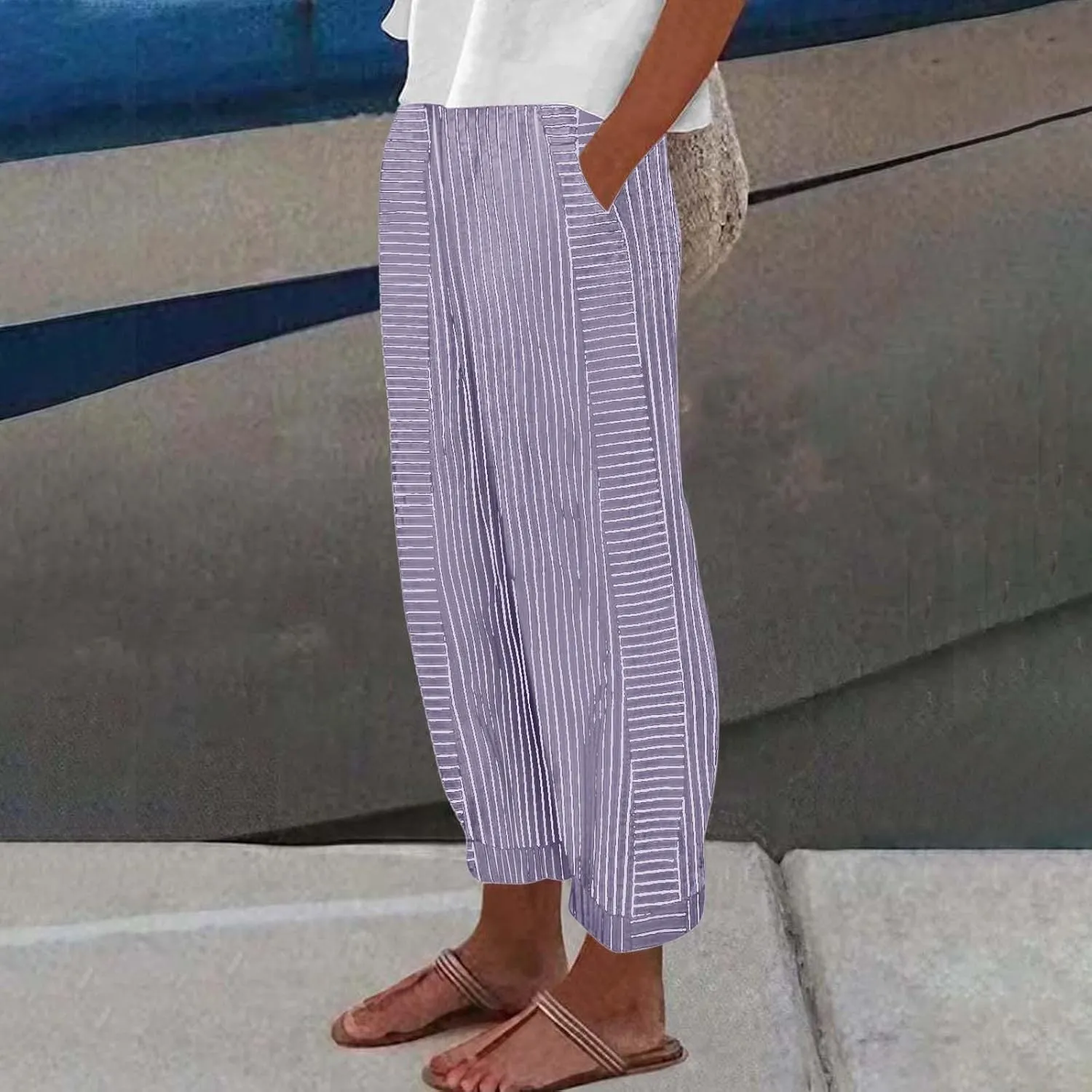 Pants for Women, Stripe Peasant Pants Casual Straight Leg Linen Plaid Trendy