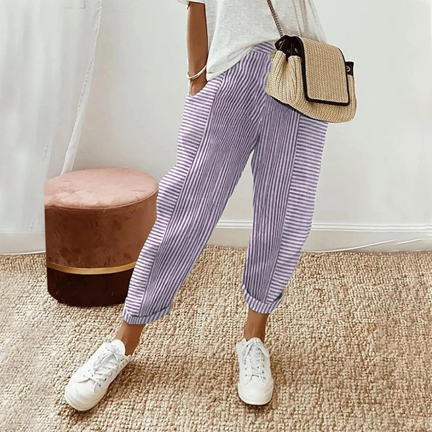 Pants for Women, Stripe Peasant Pants Casual Straight Leg Linen Plaid Trendy