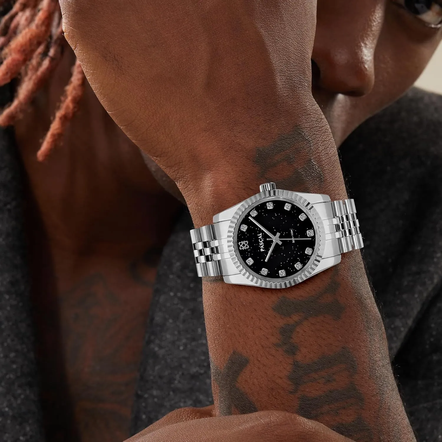 PASCAL Timeless Classic Diamond Watch for Men, Swiss Quartz Stainless Steel Watch, Scratch Resistant Sapphire Crystal, 10 ATM Waterproof, Luxury Dress Men's Wrist Watch