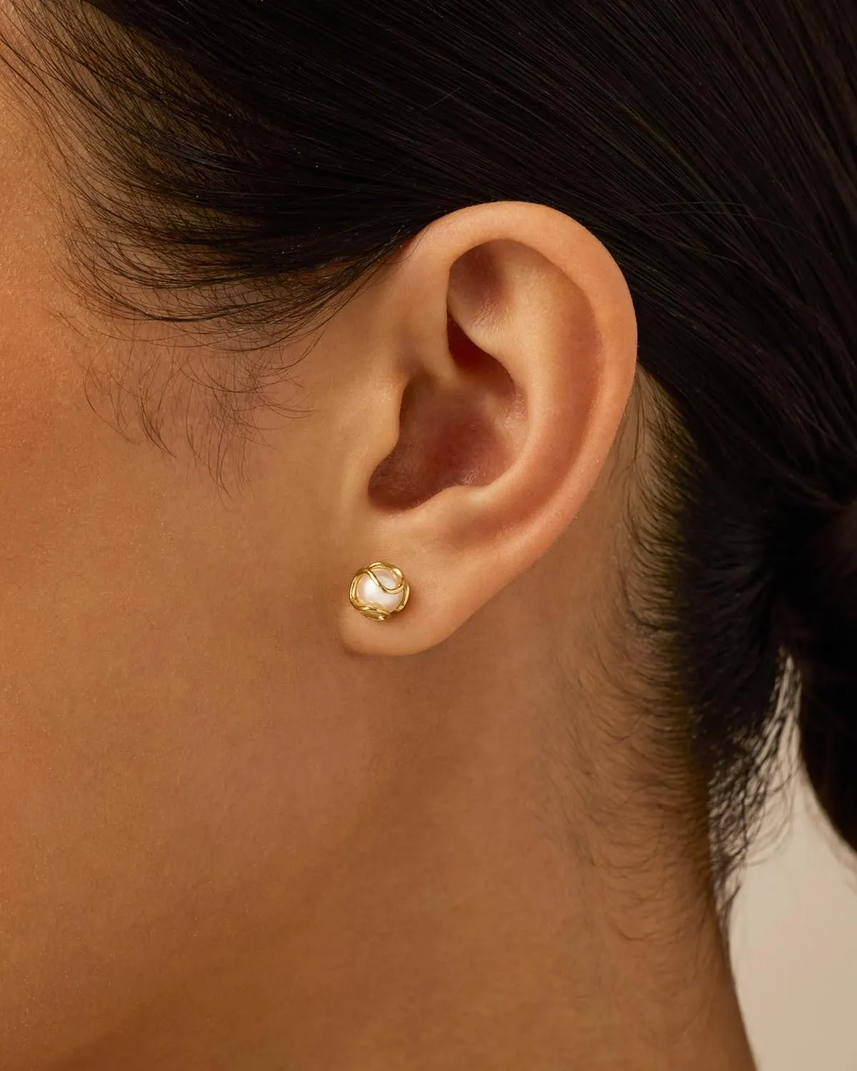 PAVOI 14K Gold Plated Round Caged Small Pearl Stud Earrings - Trendy Gold Pearl Earrings for Women - Hypoallergenic Classic Bride Jewelry