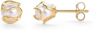 PAVOI 14K Gold Plated Round Caged Small Pearl Stud Earrings - Trendy Gold Pearl Earrings for Women - Hypoallergenic Classic Bride Jewelry