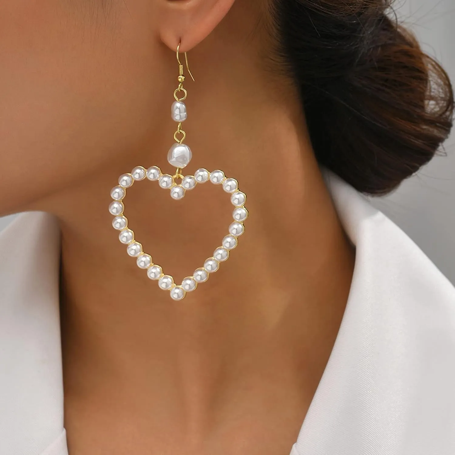 Pearl Heart Drop Earrings Imitation Pearl Love Heart Hoop Earrings Big Circle Loop Dangle Stud Earrings Fashion Statement Jewelry Gift