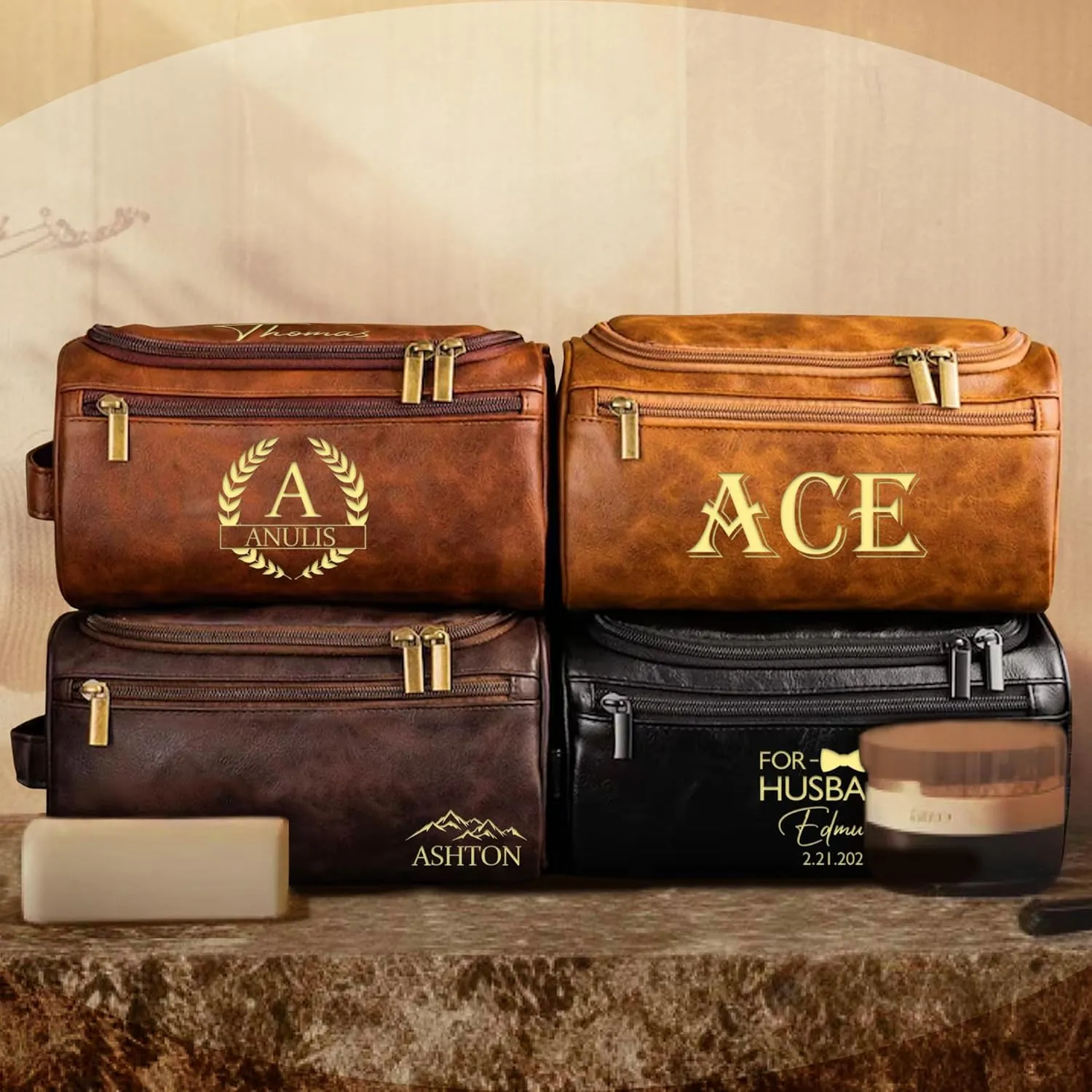 Personalized Mens Leather Toiletry Bag, Fathers Day Unique Gifts for Dad, Birthday Gift for Husband from Wife, Custom Travel Toiletry Bag for Men Dad Grandpa Groomsmen from son daughter