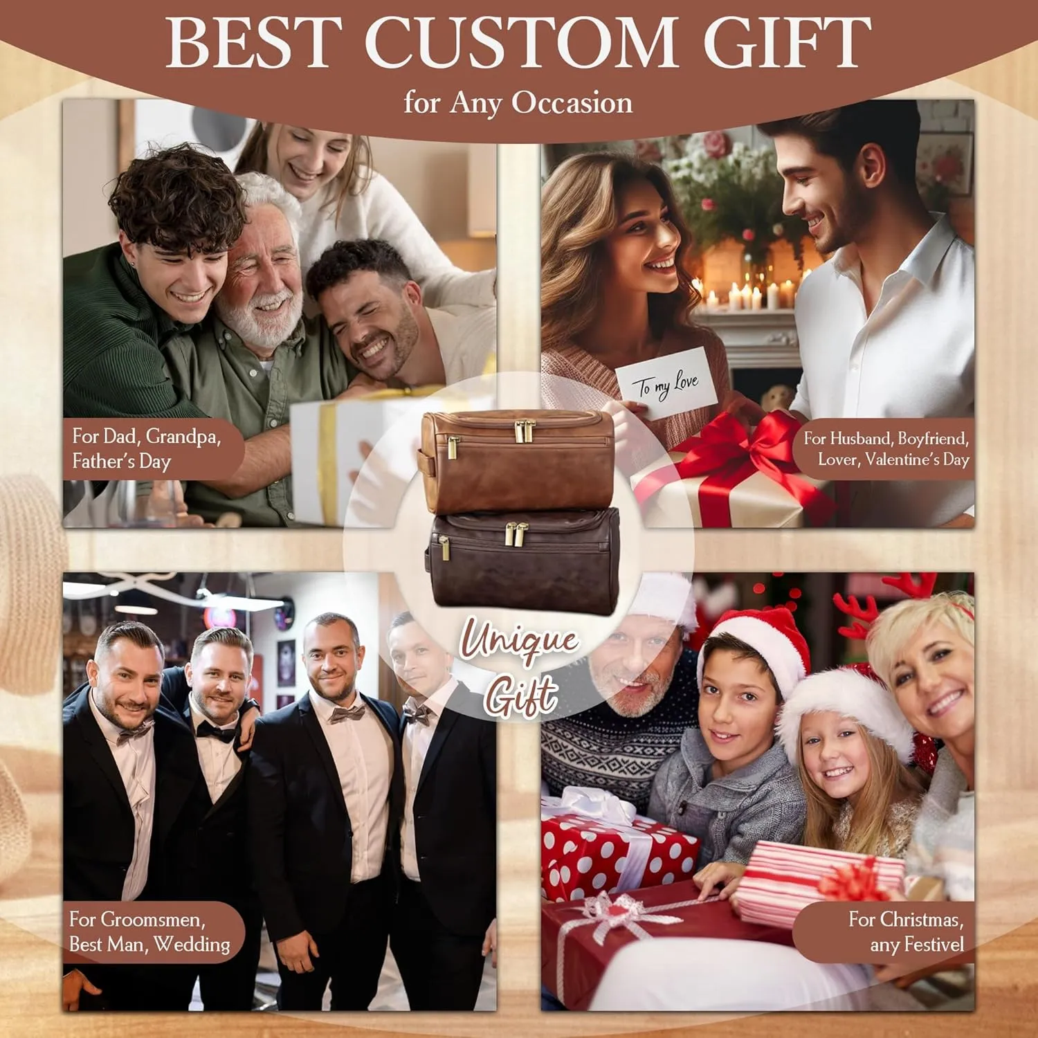 Personalized Mens Leather Toiletry Bag, Fathers Day Unique Gifts for Dad, Birthday Gift for Husband from Wife, Custom Travel Toiletry Bag for Men Dad Grandpa Groomsmen from son daughter