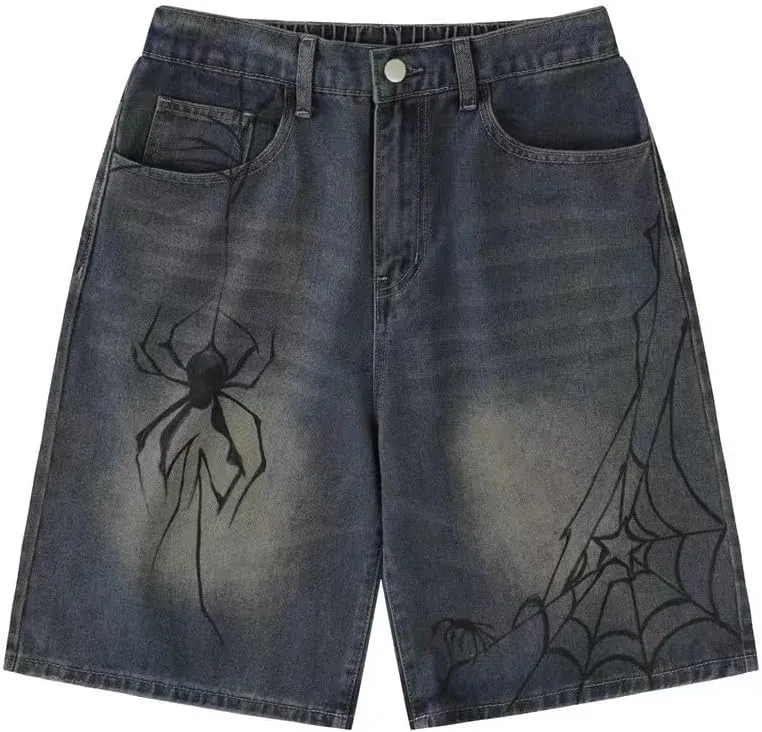 POHADON Y2K Blue Denim Shorts Summer Casual Loose Straight Leg Unisex Baggy Jeans Shorts Jorts Grunge Harajuku Streetwear