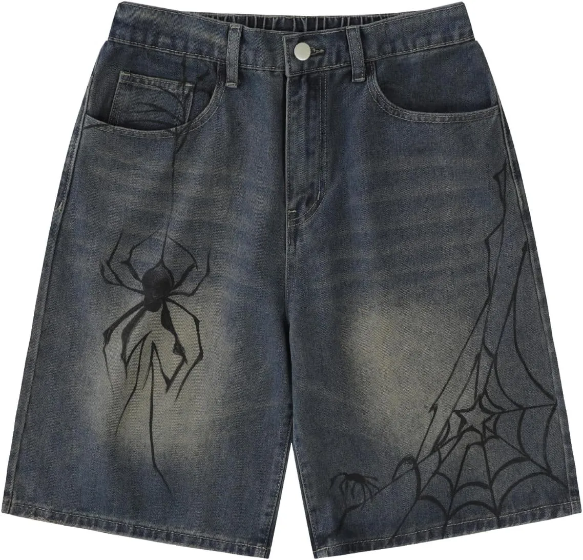 POHADON Y2K Blue Denim Shorts Summer Casual Loose Straight Leg Unisex Baggy Jeans Shorts Jorts Grunge Harajuku Streetwear