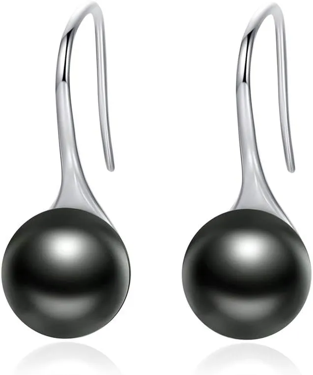 Presentski Black Pearl Dangle Earrings 925 Sterling Silver Classic Round Pearl Tear Drop Hook Earrings Jewelry Birthday Gifts for Women
