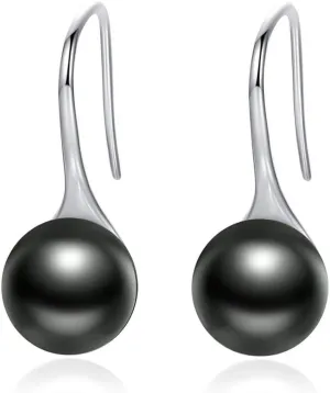 Presentski Black Pearl Dangle Earrings 925 Sterling Silver Classic Round Pearl Tear Drop Hook Earrings Jewelry Birthday Gifts for Women