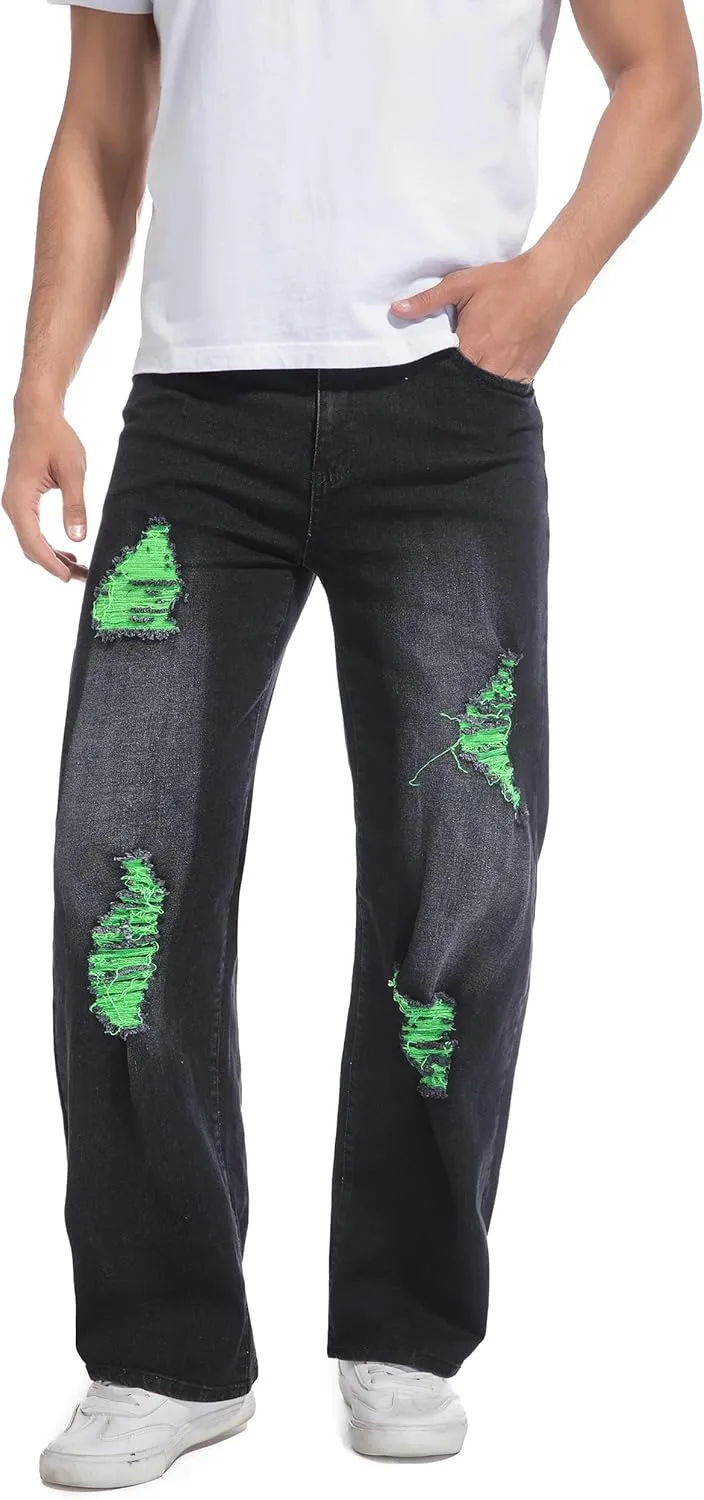 QIMYUM Men's Wide-Leg Baggy Flex Jeans Relaxed Loose Fit Long Denim Pants