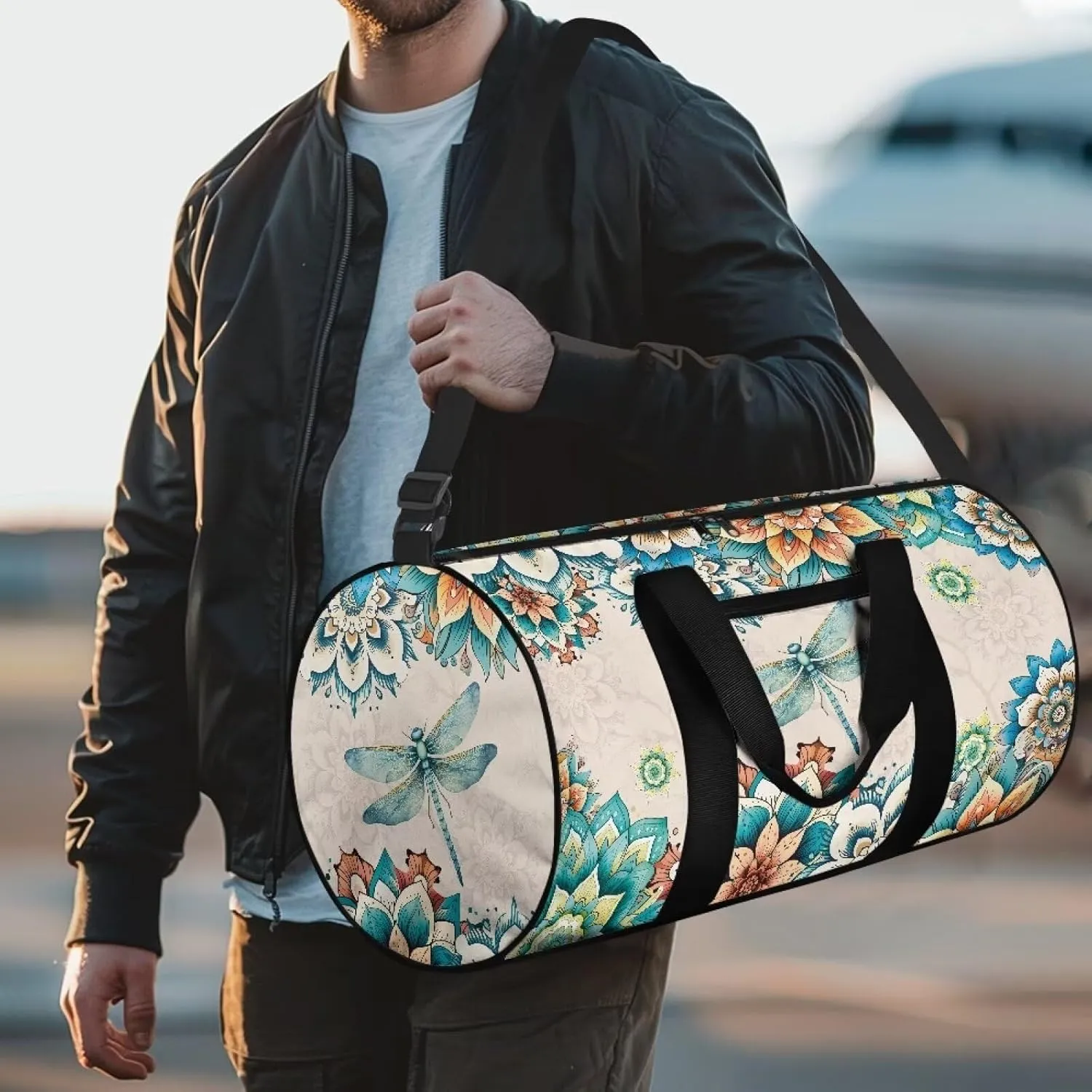 Rchsmod Boho Mandala Dragonfly Print Gym Bag for Women Men Sports Duffel Bag Portable Overnight Bag with Inner Pocket Carry On Luggage Bag Workout Bag with Adjustable Strap for Plane Gym Travel