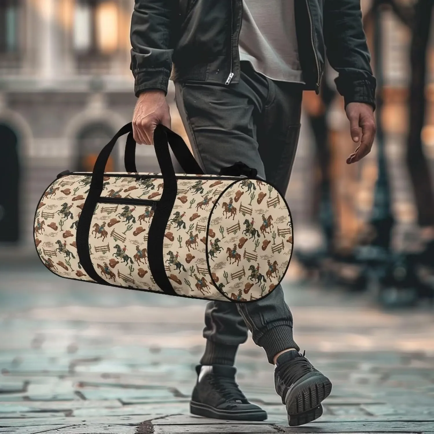 Rchsmod Horse Cactus Hat Cowboy Print Duffel Bag for Men Multifunctional Weekender Bag Zipper Overnight Bag Large Capacity Travel Duffel Multifunctional Garment Bag with Shoulder Strap