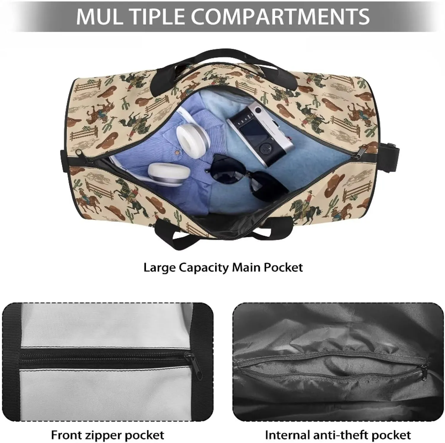 Rchsmod Horse Cactus Hat Cowboy Print Duffel Bag for Men Multifunctional Weekender Bag Zipper Overnight Bag Large Capacity Travel Duffel Multifunctional Garment Bag with Shoulder Strap