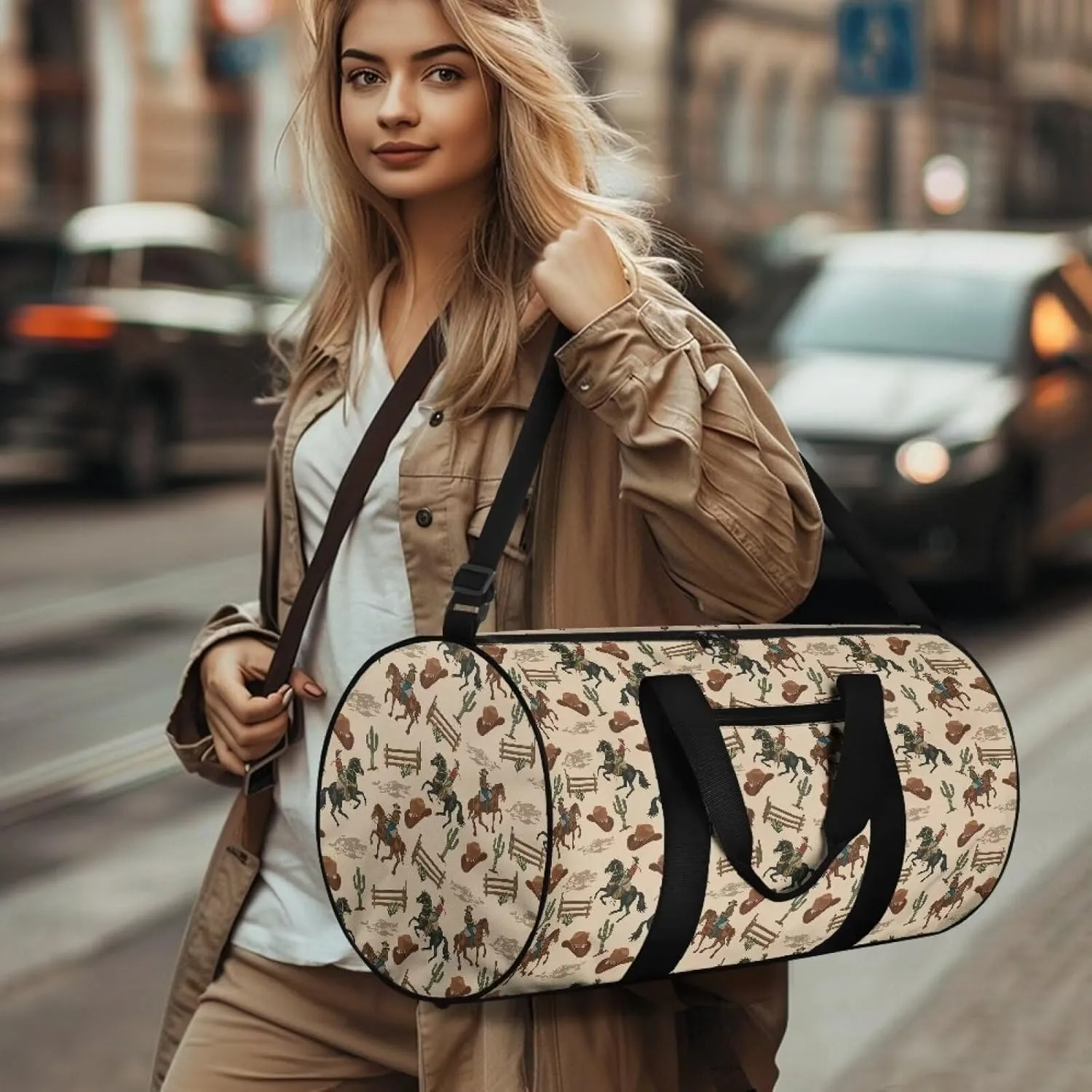Rchsmod Horse Cactus Hat Cowboy Print Duffel Bag for Men Multifunctional Weekender Bag Zipper Overnight Bag Large Capacity Travel Duffel Multifunctional Garment Bag with Shoulder Strap