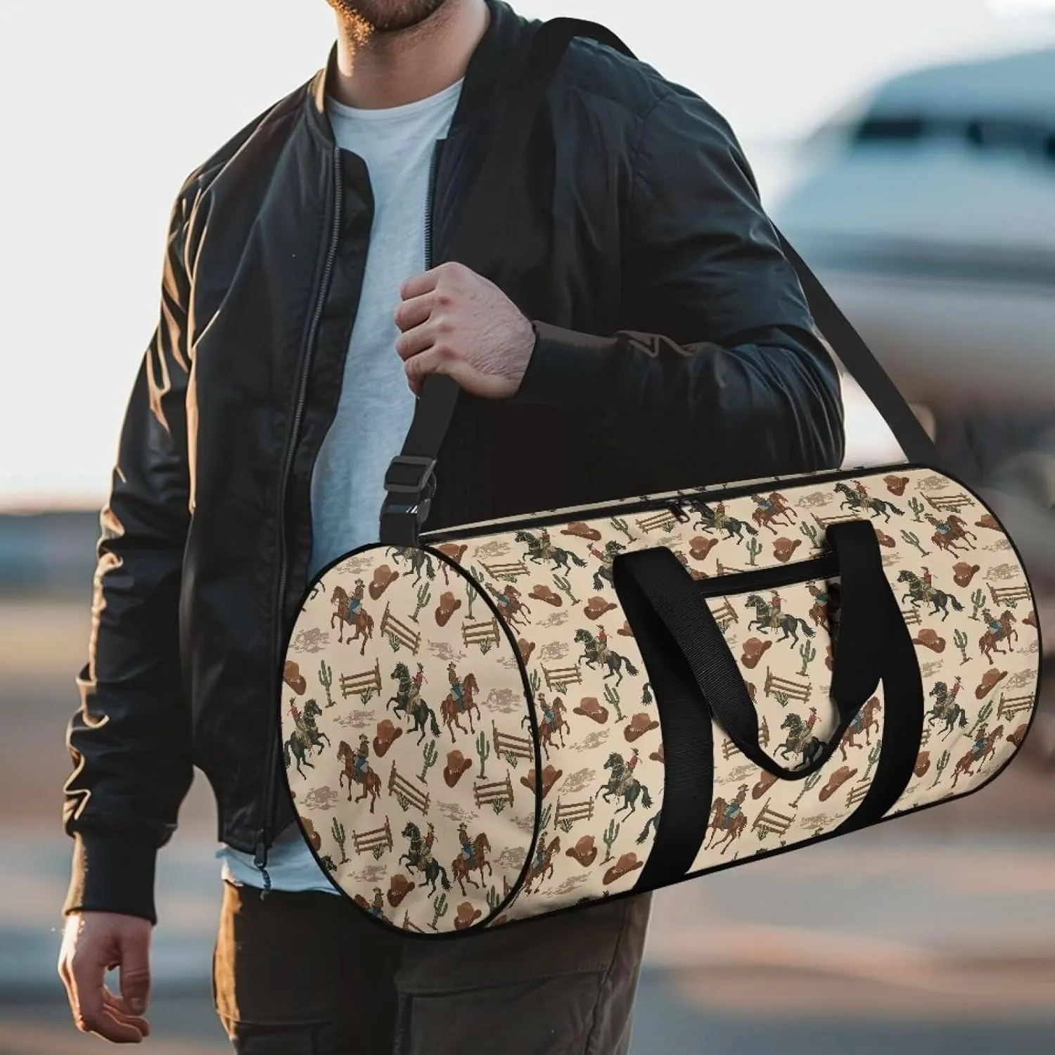 Rchsmod Horse Cactus Hat Cowboy Print Duffel Bag for Men Multifunctional Weekender Bag Zipper Overnight Bag Large Capacity Travel Duffel Multifunctional Garment Bag with Shoulder Strap