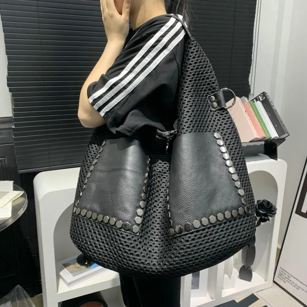 Real Cow Leather Tote Handbag Large Rivet Shoulder Bag Punk Style Underarm Purse Versatile Hobo Satchel