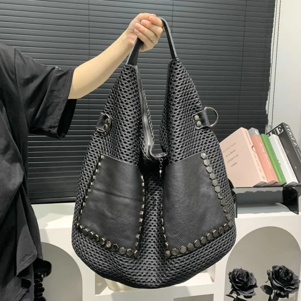 Real Cow Leather Tote Handbag Large Rivet Shoulder Bag Punk Style Underarm Purse Versatile Hobo Satchel