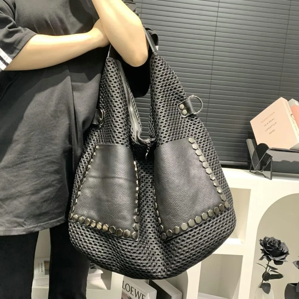 Real Cow Leather Tote Handbag Large Rivet Shoulder Bag Punk Style Underarm Purse Versatile Hobo Satchel