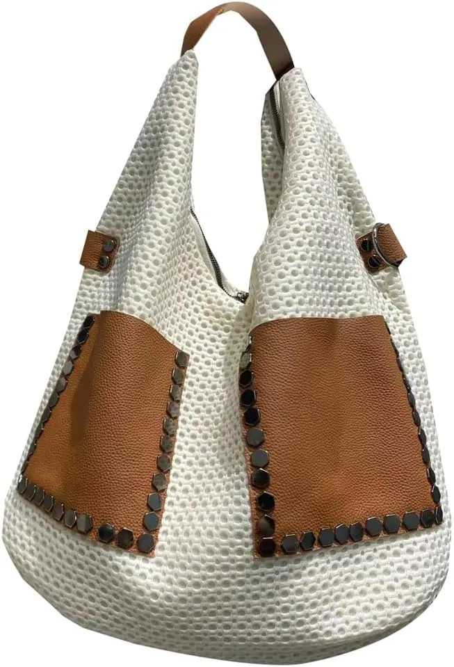 Real Cow Leather Tote Handbag Large Rivet Shoulder Bag Punk Style Underarm Purse Versatile Hobo Satchel