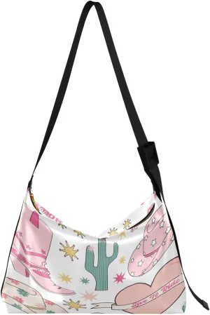 Retro Cowgirl Boot Heart Hobo Crossbody Bags for Women Leather Large Shoulder Bag Cross Body Trendy Pink Trendy Womens Tote Bags Handbag for Travel Shopping