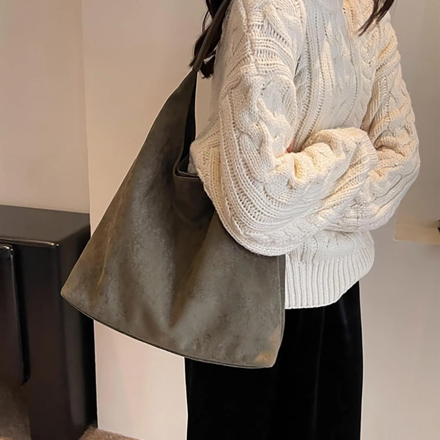 Retro Suede Crescent Shoulder Bag Women Tote Bag Satchels Crossbody Purse Top-handle Travel College Work Tote Handbag