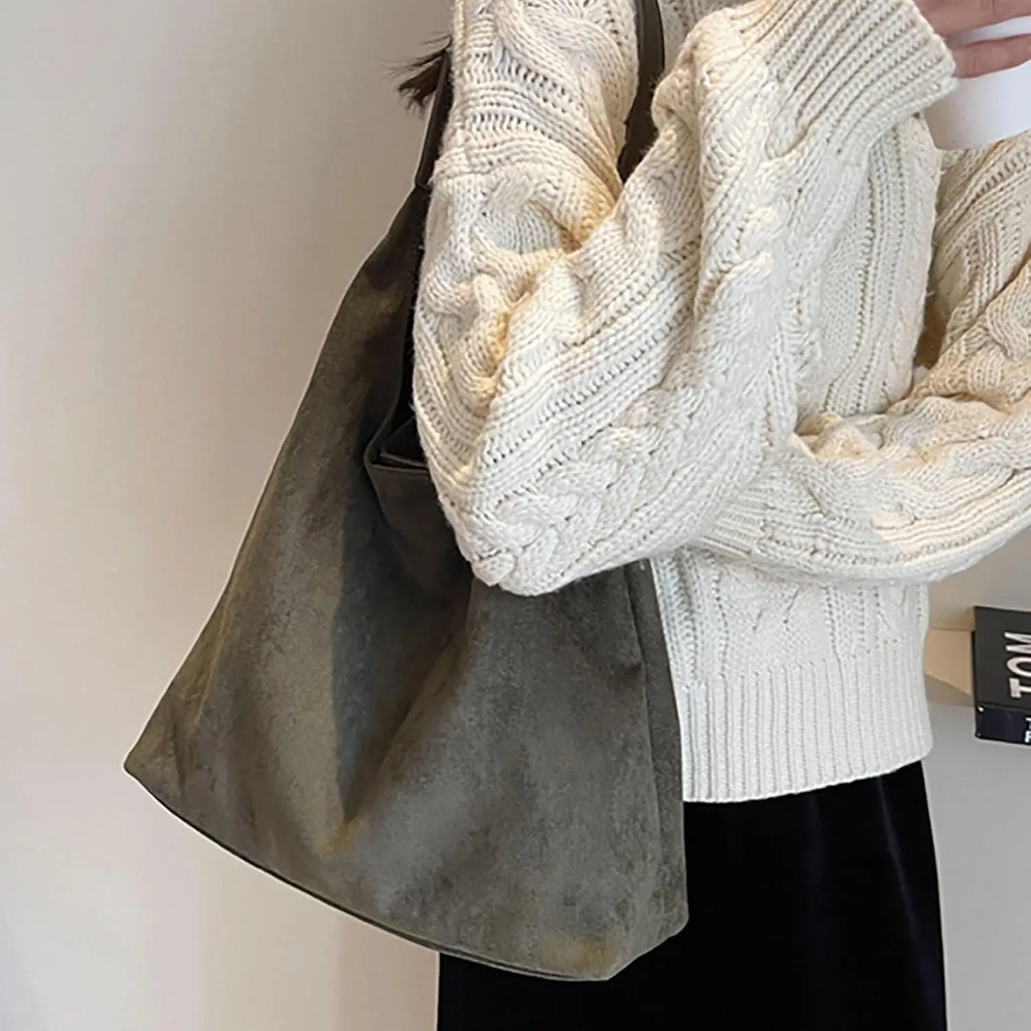 Retro Suede Crescent Shoulder Bag Women Tote Bag Satchels Crossbody Purse Top-handle Travel College Work Tote Handbag