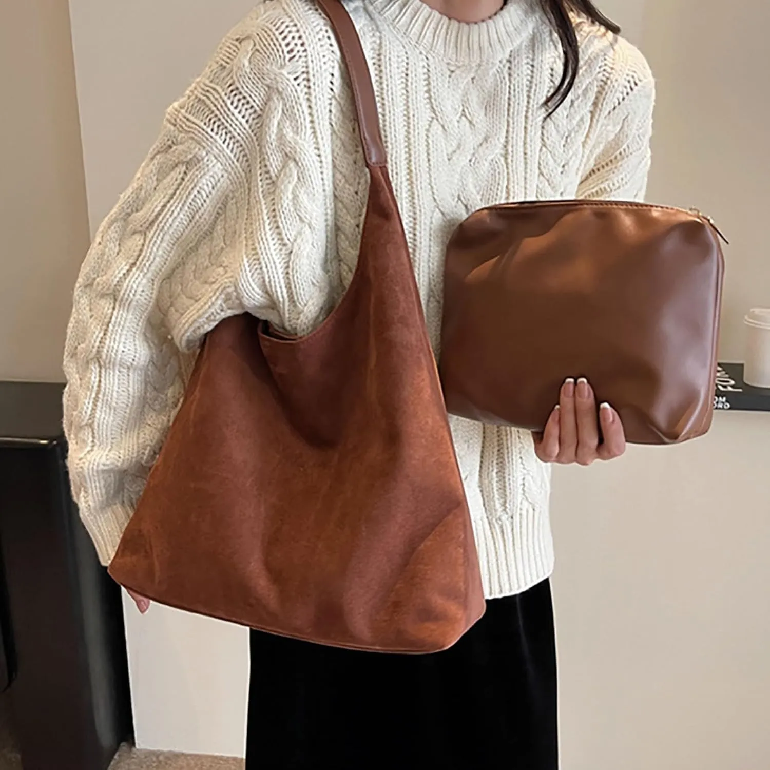 Retro Suede Crescent Shoulder Bag Women Tote Bag Satchels Crossbody Purse Top-handle Travel College Work Tote Handbag