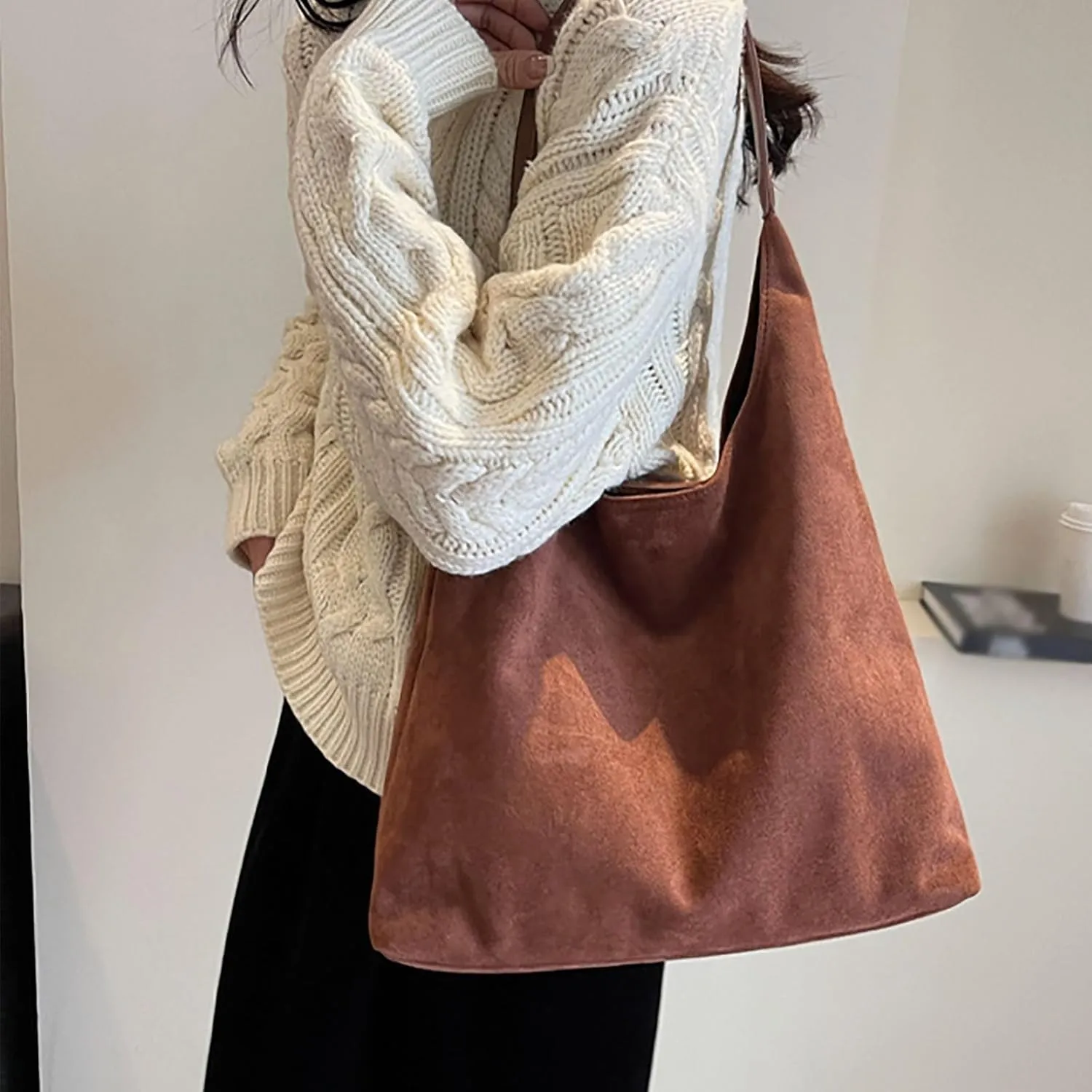 Retro Suede Crescent Shoulder Bag Women Tote Bag Satchels Crossbody Purse Top-handle Travel College Work Tote Handbag
