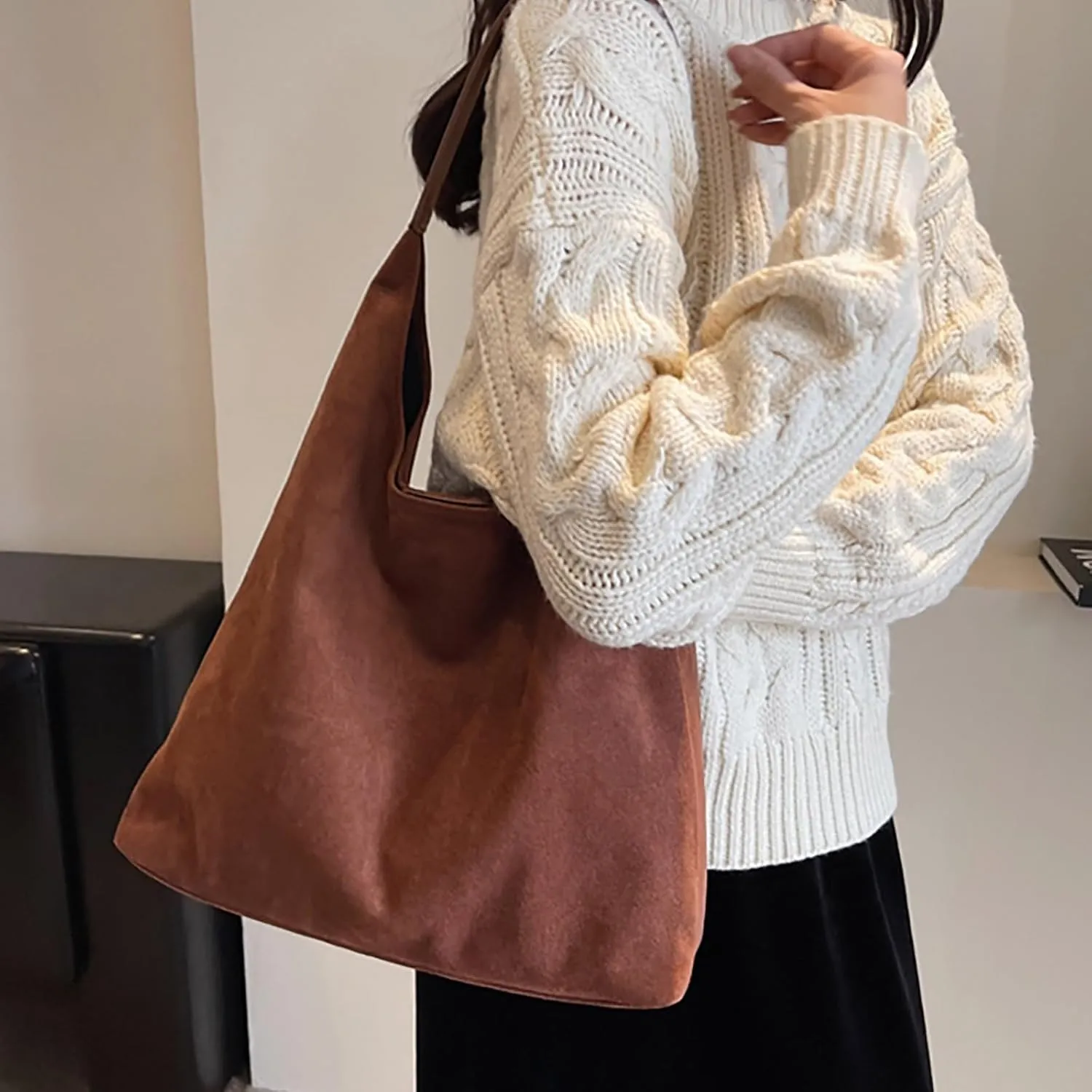 Retro Suede Crescent Shoulder Bag Women Tote Bag Satchels Crossbody Purse Top-handle Travel College Work Tote Handbag