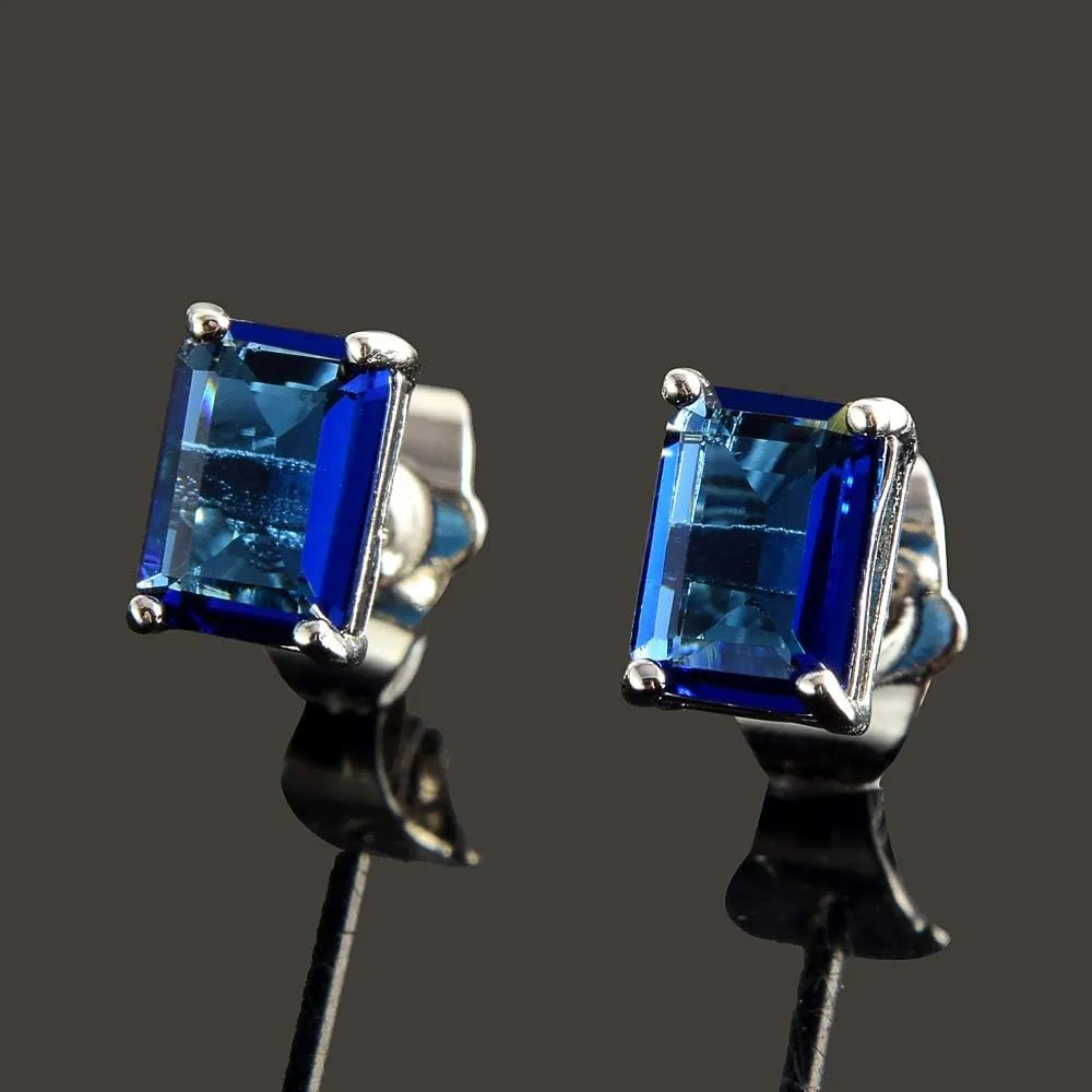 [RIZILIA CLASSIC] Stud Pierced Earrings with Emerald Cut Gemstones CZ [Multi-Colors available] in 18K White Gold Plated, Simple Modern Elegant