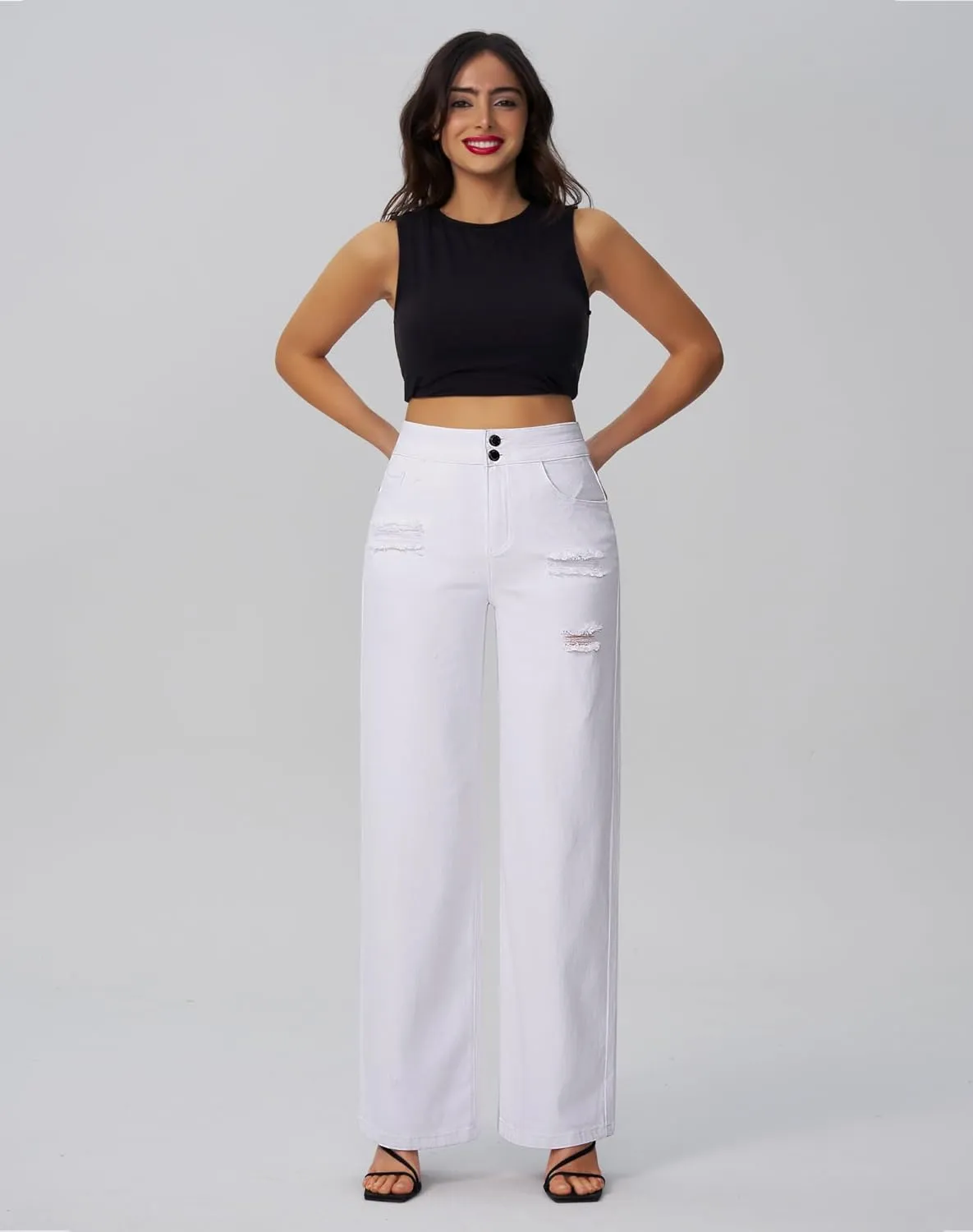 roswear Womens Casual Distressed High Waisted Denim Pants Stretch Baggy Loose Wide Leg Jeans