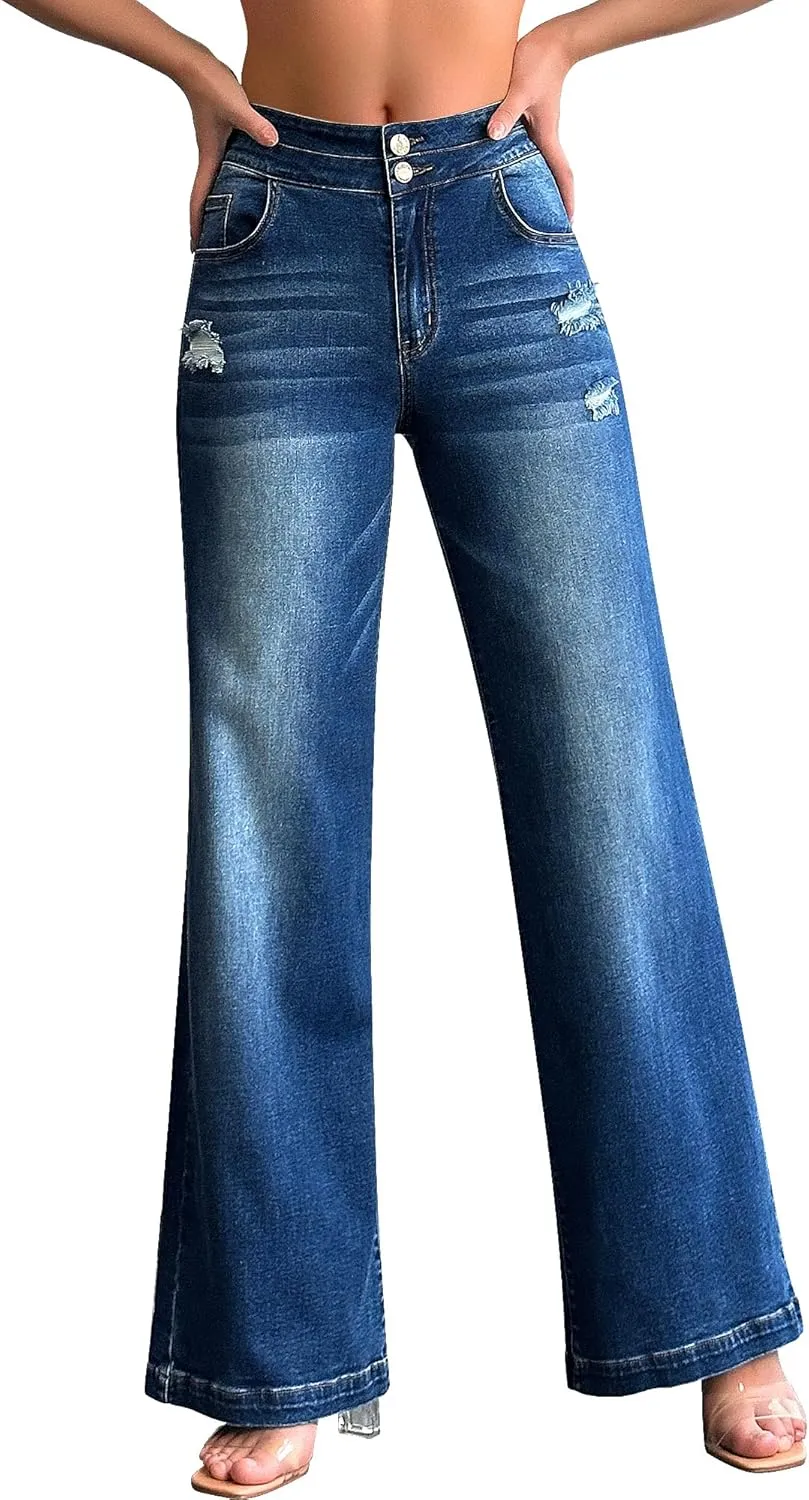 roswear Womens Casual Distressed High Waisted Denim Pants Stretch Baggy Loose Wide Leg Jeans
