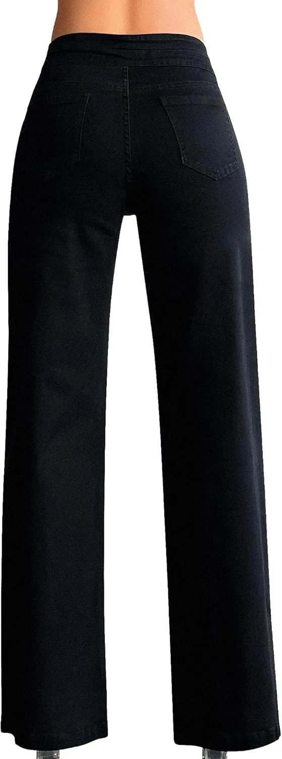 roswear Womens Casual Distressed High Waisted Denim Pants Stretch Baggy Loose Wide Leg Jeans