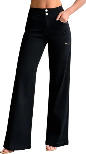 roswear Womens Casual Distressed High Waisted Denim Pants Stretch Baggy Loose Wide Leg Jeans